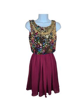 NEW Alythea Rainbow Sequin Burgundy Chiffon Skater Dress Size S Mini Party